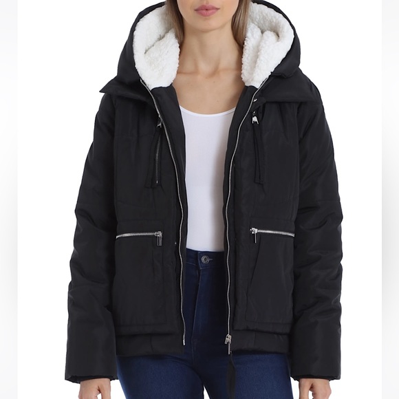 NWT Avec Les Filles Black Puffer w/Faux Shearling Lined Hood Jacket Women’s Med - Picture 1 of 12